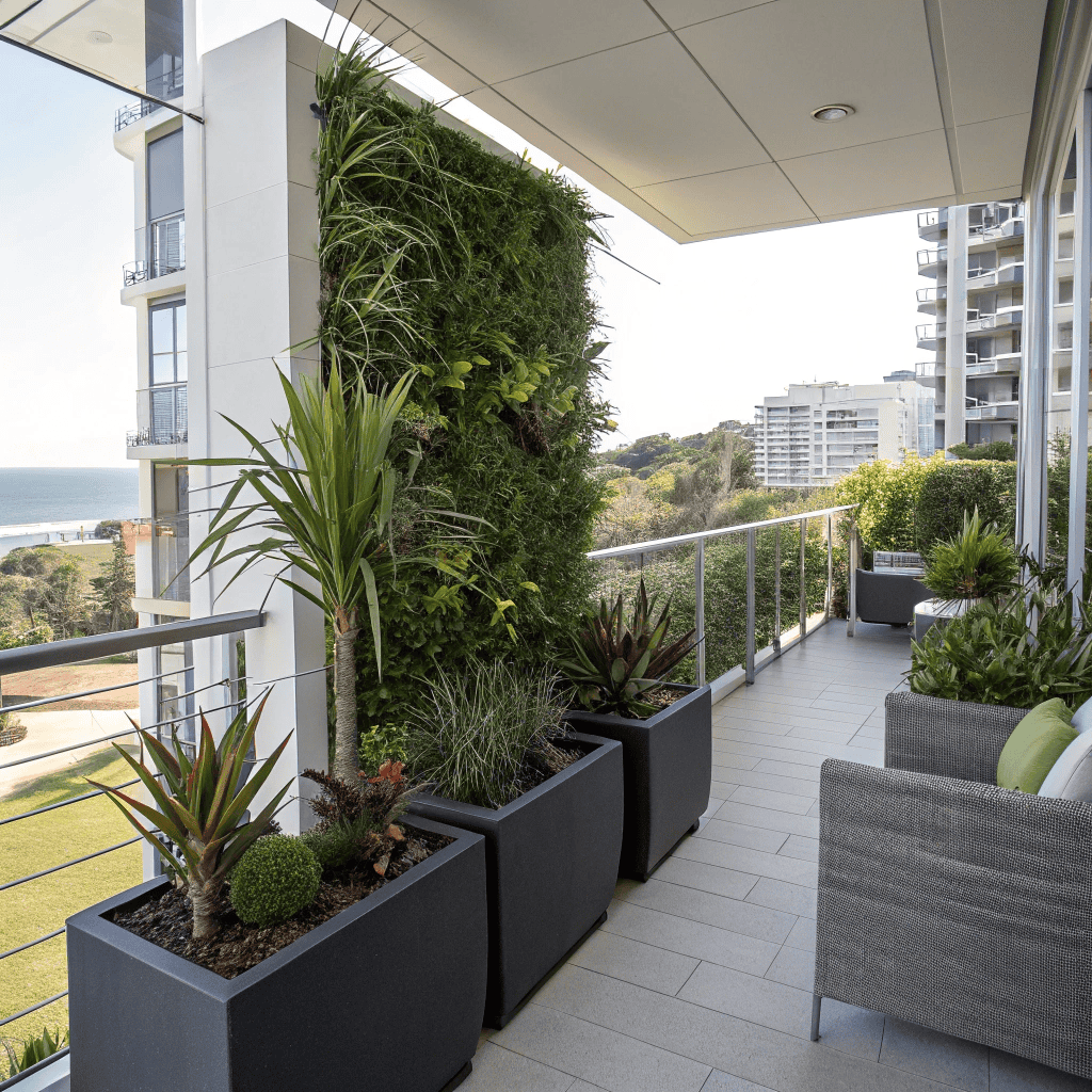 Modern apartment balcony garden Dee Why with salt-resistant native plants and contemporary outdoor furniture