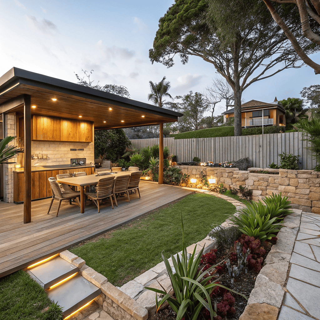 Dee Why family backyard landscaping with outdoor kitchen deck and salt-resistant coastal garden design