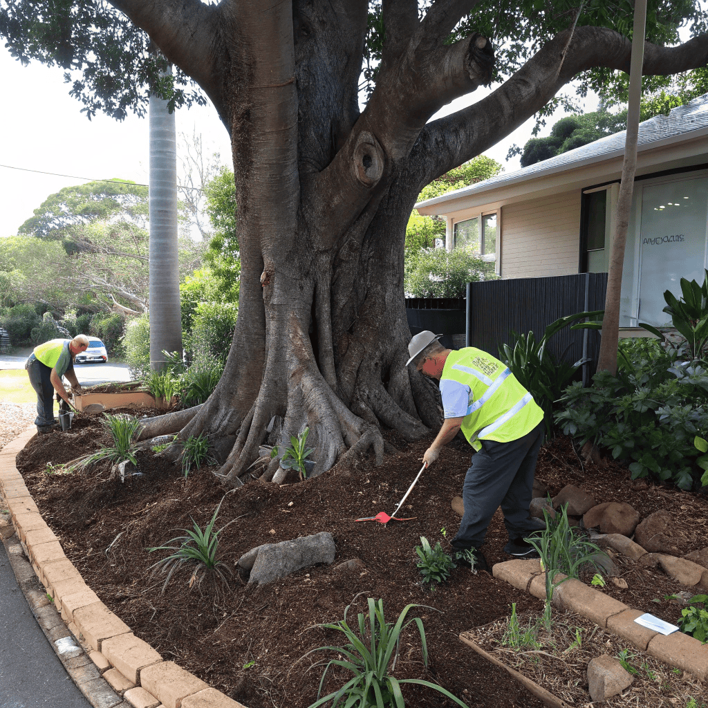 Professional landscapers planting native shrubs around established jacaranda tree Balgowlah heritage garden renovation