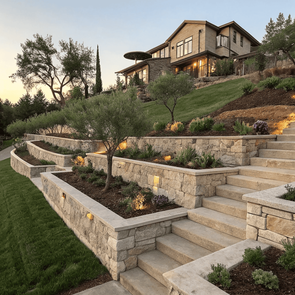 Luxury infinity-edge stone retaining wall overlooking Sydney Harbor in Newport NSW with terraced Mediterranean garden