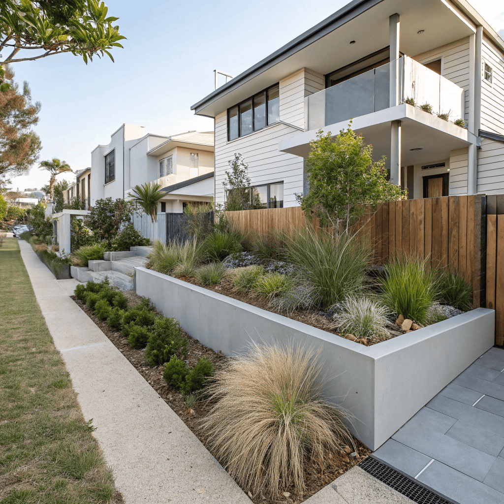 Modern townhouse landscaping Brookvale NSW with native plants and contemporary design for compact blocks