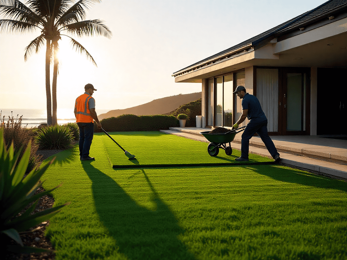 Professional landscaping crew installing lush buffalo grass turf on a Northern Beaches coastal property, with modern beachside home, ocean views, premium soil, and native coastal plants in the garden.