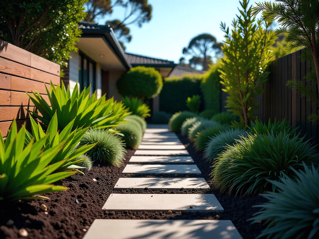 Garden mulch supply and installation featuring organic mulch, stone mulch, and neat pathway edging