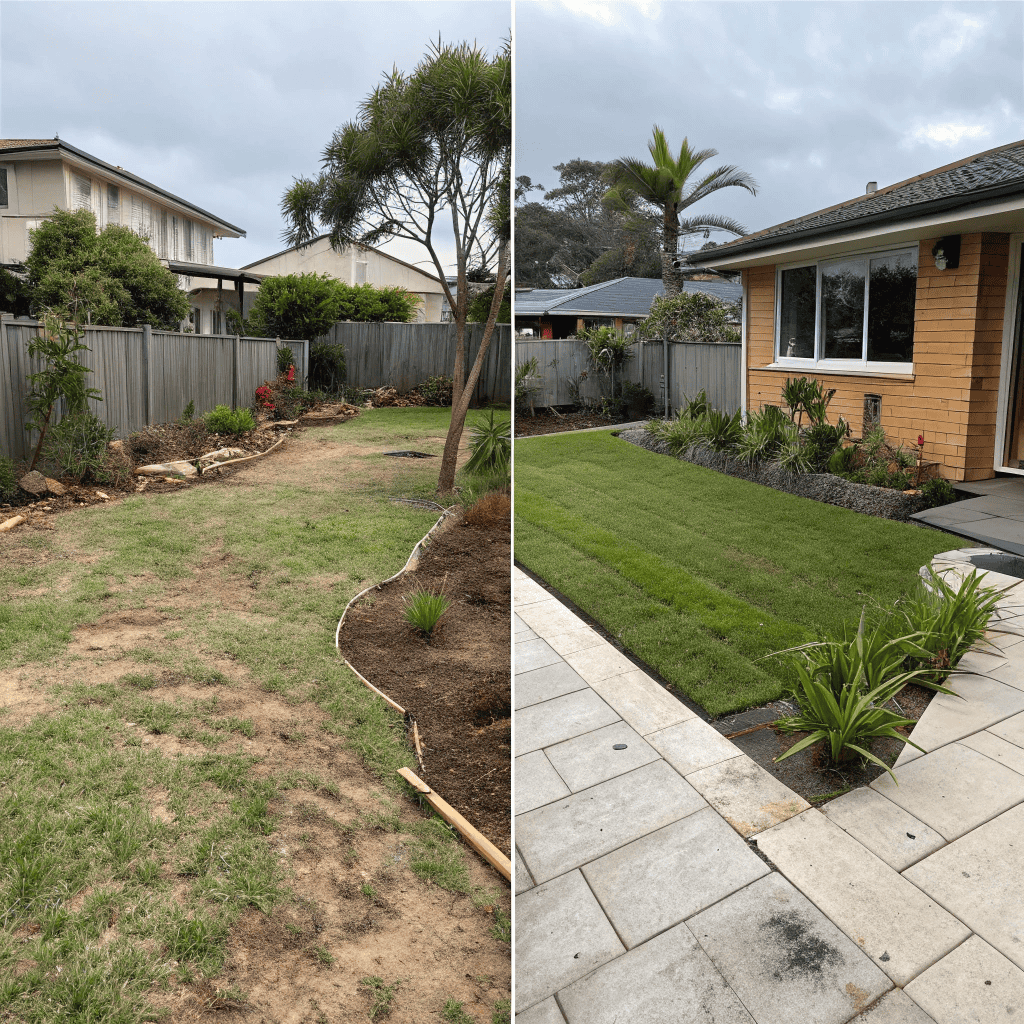 Before and after Northern Beaches backyard transformation showing patchy grass converted to lush native garden with entertainment area