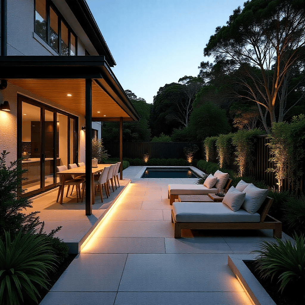 Elegant Northern Beaches backyard featuring a luxury sandstone patio designed for coastal living. Modern outdoor dining area set for BBQ entertaining, poolside lounge with stylish furniture, and soft evening lighting create an inviting upscale atmosphere. Elevated patio with ocean views, premium natural stone paving resistant to salt air and coastal weather, showcasing the perfect entertainment space for family and friends.