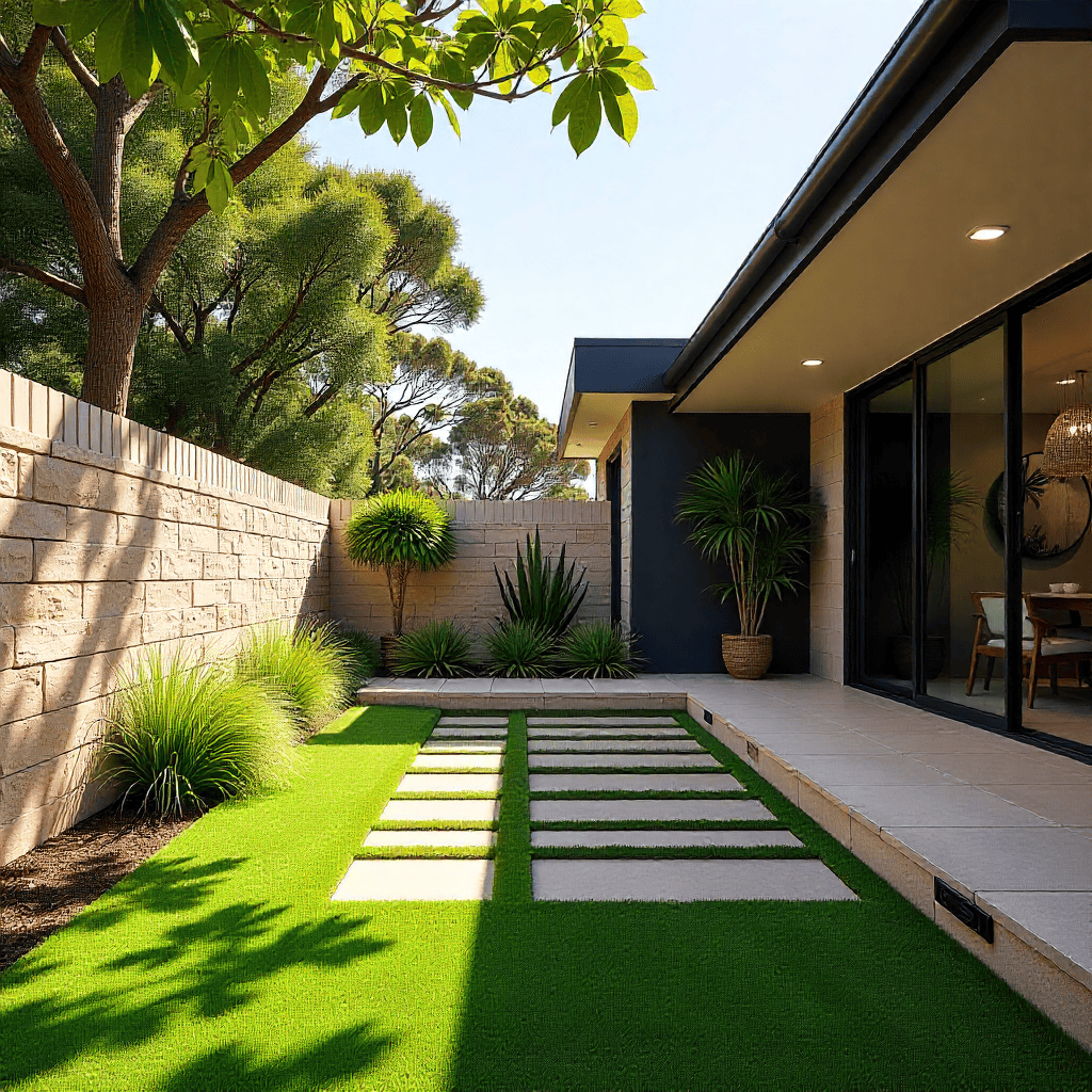 Modern Northern Beaches backyard featuring a professionally built sandstone retaining wall, lush green lawn, and coastal atmosphere with natural ocean breeze. High-resolution, realistic style image highlighting quality retaining wall construction and stylish outdoor living.