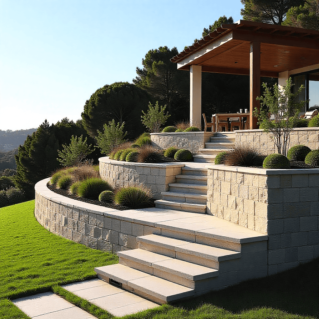 Curved multi-tier stone retaining wall with garden terraces and steps on a sloped backyard
