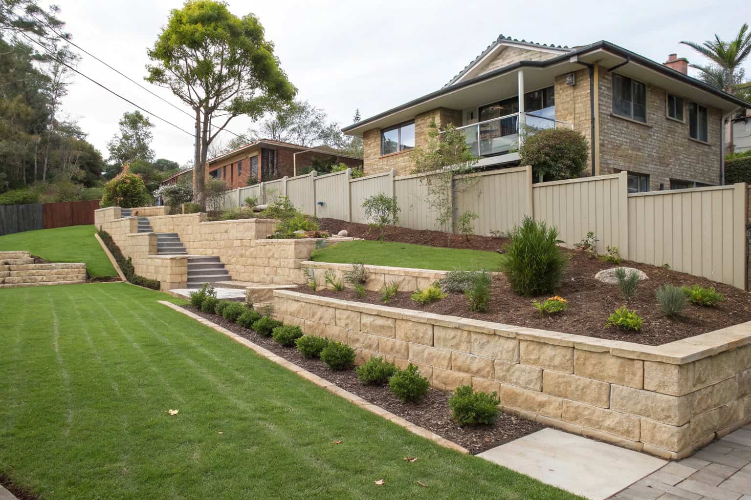 Completed three-tiered retaining wall and outdoor entertaining area, Collaroy Plateau, Northern Beaches